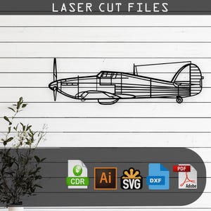 May include: Black laser-cut airplane design. The image shows a detailed outline of a vintage aircraft, featuring a propeller, wings, and tail. The text "LASER CUT FILES" is at the top. Below are file format icons: CDR, AI, SVG, DXF, and PDF.