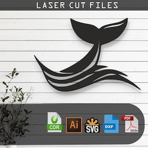 May include: A black and white digital file for laser cutting a whale tail with waves. The file is available in CDR, AI, SVG, DXF, and PDF formats.