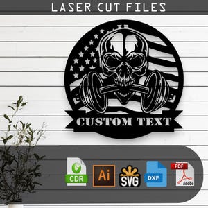 May include: Black and white laser cut file design of a skull with a barbell, set against an American flag background. The design includes the text "CUSTOM TEXT".