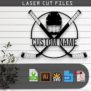 Design de vetor de corte a laser de silhueta de hóquei no gelo personalizável – SVG, DXF, Ai, arquivos PDF Glowforge, Cricut, Metal, decoração de parede, download digital