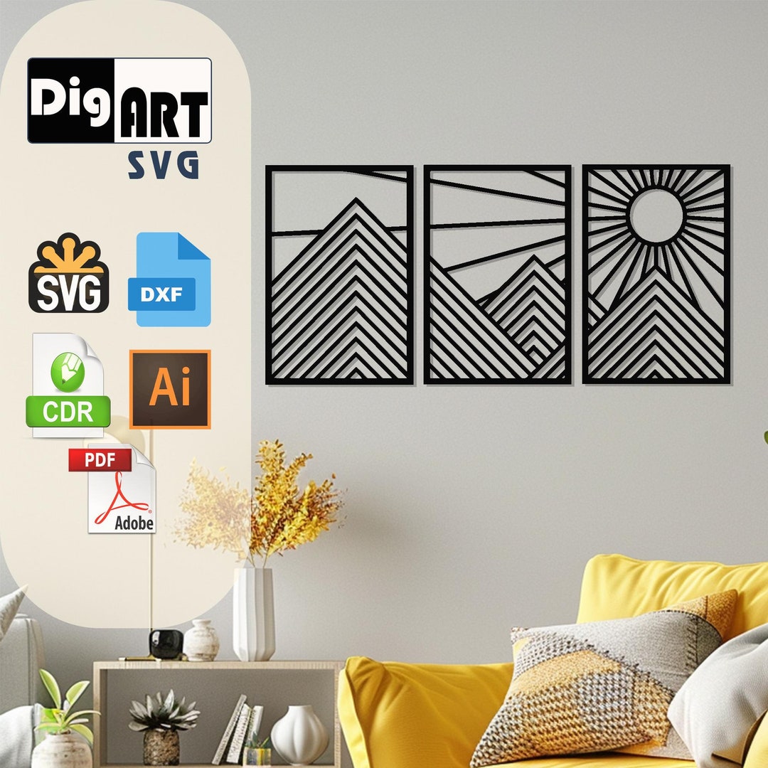 Geometric Sun and Mountain Laser Cut, Vector Files SVG, DXF, Ai, Pdf