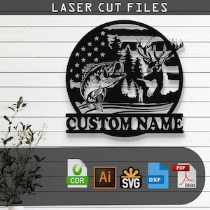 May include: Black metal laser cut sign featuring a fish and deer silhouette within a circular design. The design includes an American flag pattern and forest scene. The text "CUSTOM NAME" is below the circular design. The words "LASER CUT FILES" are at the top.