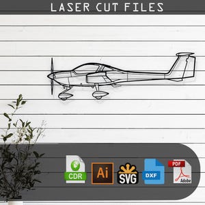 Könnte beinhalten: Eine Schwarzweiß-Zeichnung eines kleinen Flugzeugs, geeignet für den Laserschnitt. Das Bild enthält Dateiformate für verschiedene Designprogramme, darunter CDR, AI, SVG, DXF und PDF.