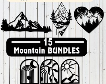 Paquetes de siluetas de montañas decorativas de 15 piezas cortadas con láser en archivos SVG, DXF, Ai, PDF Glowforge, Cricut, CNC, arte de pared de metal, descarga digital instantánea