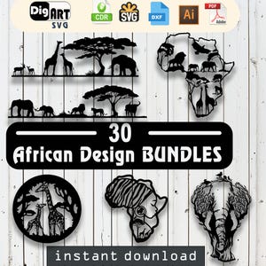 African Design 30 Bundles - Afrika Landkarte, Afrikanerin, Afrikanische Tiere (Giraffe, Löwe, Tiger, Elefant, Zebra) Laser Cut Vektor-Design