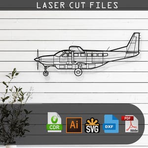 May include: A black and white line art illustration of a small airplane. The image is labeled "LASER CUT FILES" and includes icons for CDR, AI, SVG, DXF, and PDF file formats.