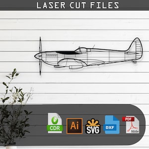 May include: A black and white line art design of a vintage airplane, perfect for laser cutting. The design includes the file formats CDR, AI, SVG, DXF, and PDF.