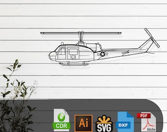 UH-1 Med Huey Helicopter Silhouette Laser Cut Vector Design – SVG, DXF, Ai, Arquivos PDF Glowforge, Cricut, Metal, Decoração de parede, Download digital
