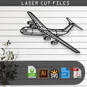Può includere: Un'illustrazione in bianco e nero di un aereo, in linee, adatta per il taglio laser. L'immagine include formati di file per vari programmi di progettazione, tra cui CDR, AI, SVG, DXF e PDF.