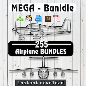 May include: Black and white graphic of two airplanes, one a single-engine prop plane and the other a jet airliner. The text "MEGA - Bundle" and "255 Airplane Bundles" are displayed above and below the airplanes. The words "instant download" are at the bottom.