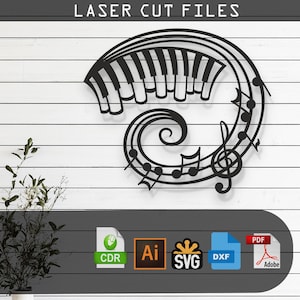 Op de afbeelding: Zwart-wit digitaal bestand van een pianoklavier en muzieknoten in een spiraalvormig ontwerp. Het ontwerp is gelabeld "Laser Cut Files" en bevat bestandsformaten: CDR, AI, SVG, DXF en PDF.