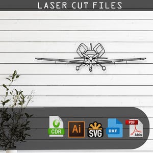 May include: A black and white line drawing of a small airplane, suitable for laser cutting. The image includes file formats for various design programs, including CDR, AI, SVG, DXF, and PDF.