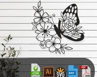 Butterfly and Flowers Laser Cut Vector Design - SVG DXF Ai Pdf Files for Glowforge Cricut CNC Wall Decor Metal Art Digital Instant Download
