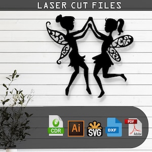 Two Fairy Girl Silhouette Laser Cut Vect SVG, DXF, Ai, Pdf Files for Glowforge, Cricut, Cnc, Metal, Wall Decor, Digital Instant Download
