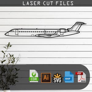 May include: A black laser-cut airplane design against a white wooden background. The text "LASER CUT FILES" is at the top. Below, icons for CDR, AI, SVG, DXF, and PDF file formats are displayed.