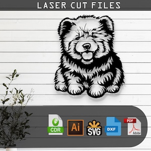 May include: Black laser-cut metal art of a Chow Chow dog with a happy expression. The dog is set against a white wooden plank background. The text "LASER CUT FILES" is at the top. Below are file format icons: CDR, Ai, SVG, DXF, and PDF.