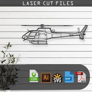 Pode incluir: Uma ilustração em preto e branco de um helicóptero. A imagem é rotulada como "Arquivos de corte a laser" e inclui os formatos de arquivo: CDR, AI, SVG, DXF e PDF.