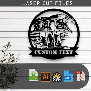 May include: Black and white laser cut file design of an eagle with three bullets and an American flag in the background. The design includes the text "CUSTOM TEXT".