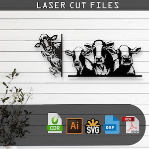May include: A digital download of laser cut files for a wall decor design featuring a group of four cows peeking over a fence. The files are available in CDR, AI, SVG, DXF, and PDF formats.