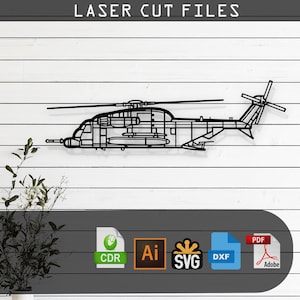 May include: Black laser-cut metal helicopter wall art. The design features a detailed outline of a helicopter, including the rotor blades and tail. The text "LASER CUT FILES" is at the top. Includes file formats: CDR, AI, SVG, DXF, and PDF.