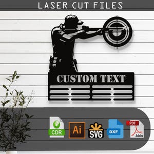 Puede incluir: Archivo de corte láser de metal negro que presenta la silueta de una persona apuntando con un rifle a un objetivo. El diseño incluye el texto "LASER CUT FILES" en la parte superior y "CUSTOM TEXT" debajo. Incluye iconos de tipo de archivo.