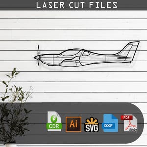 Könnte beinhalten: Ein Schwarzweiß-Linienkunstdesign eines kleinen Flugzeugs, geeignet für den Laserschnitt. Das Design ist in den Formaten CDR, AI, SVG, DXF und PDF verfügbar.