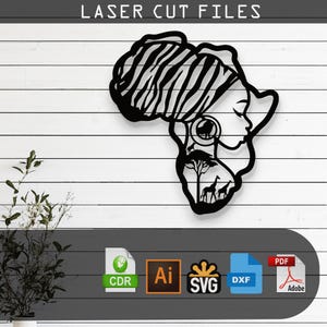 Diseño vectorial cortado con láser de una mujer con un mapa de África: archivos SVG, DXF, Ai y PDF Glowforge, Cricut, CNC, metal, decoración de pared, descarga digital instantánea
