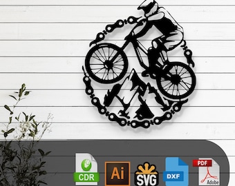 May include: Black and white silhouette of a mountain biker riding a bike over a mountain with a chain link border. The image is a digital file for laser cutting.