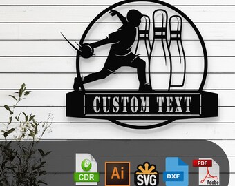 May include: Black and white laser cut file design of a person bowling with the text "CUSTOM TEXT" below. The design is in a circle with three bowling pins behind the person. The file is available in CDR, AI, SVG, DXF, and PDF formats.