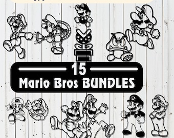15 paquetes de Mario Bros: archivos de diseño vectorial cortados con láser de Super Mario, Luigi, Mario y Mushroom para Glowforge, Cricut, decoración de pared, descarga