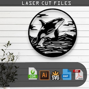 Killer Whale Silhouette Laser Cut Vektor-Design - SVG, DXF, Ai, Pdf Dateien Glowforge, Cricut, CNC, Metall, Wand-Dekor, digitaler Sofort-Download