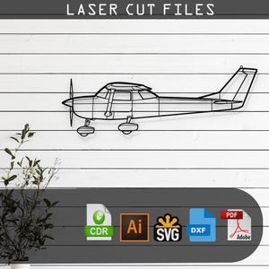May include: A black and white line drawing of a small airplane, suitable for laser cutting. The image includes file formats for various design programs, including CDR, AI, SVG, DXF, and PDF.