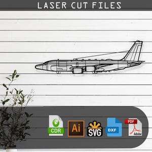 May include: A black and white line art illustration of a plane, suitable for laser cutting. The image includes file formats for various design programs, including CDR, AI, SVG, DXF, and PDF.