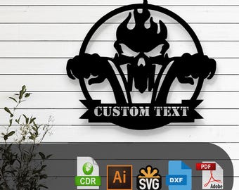 May include: Black metal wall art depicting a skull with flames above its head, holding handlebars within a circular frame. The text "LASER CUT FILES" is at the top, and "CUSTOM TEXT" is on a banner below. Includes file format icons.