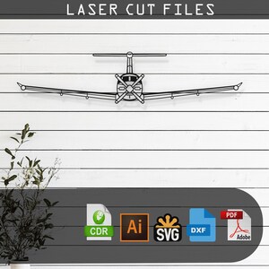 May include: Black metal airplane silhouette, a laser-cut design, mounted on a white wooden plank background. The image includes the text "LASER CUT FILES" at the top and file type icons at the bottom, including CDR, AI, SVG, DXF, and PDF.