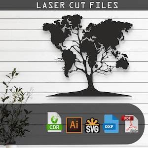Dekorative Baum Weltkarte Laser geschnitten, Vektor-Dateien SVG, DXF, Ai, Pdf Glowforge, Cricut, CNC, Metallwandkunst, digitale Sofort Download