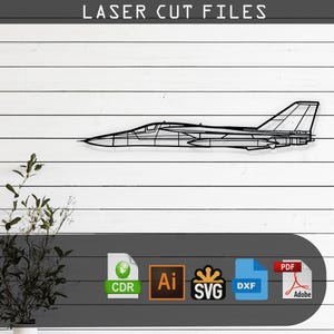 May include: A black and white line art illustration of a fighter jet, suitable for laser cutting. The image includes file formats for various design programs, including CDR, AI, SVG, DXF, and PDF.