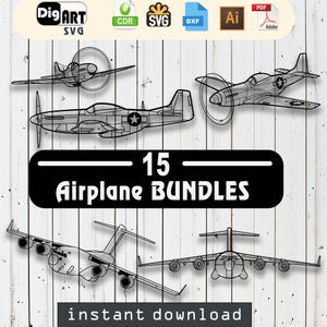 May include: A black and white digital illustration of 15 airplane designs. The text "15 Airplane Bundles" is in a black rectangle. The text "instant download" is at the bottom of the image.