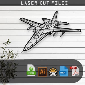 May include: Black metal laser cut file of a fighter jet. The jet is mounted on a white wooden plank background. The text "LASER CUT FILES" is at the top. Below the jet are icons for CDR, AI, SVG, DXF, and PDF file formats.