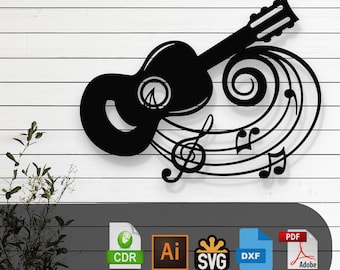 Decorative Music Notes and Guitar Laser Cut Design –SVG, DXF, Ai, Pdf Files Glowforge, Cricut, CNC, Wall Decor, Digital Instant Download