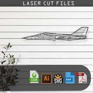 May include: A black and white line art illustration of a fighter jet. The image includes the text "LASER CUT FILES" at the top. Below the image are icons for CDR, AI, SVG, DXF, and PDF file formats.