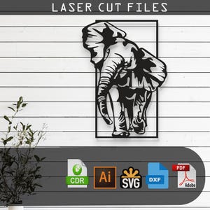 Może przedstawiać: Czarno-biała sylwetka słonia, odpowiednia do cięcia laserowego. Projekt jest umieszczony w prostokącie i gotowy do użycia w projektach rękodzielniczych.