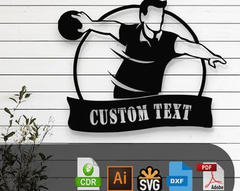 May include: Black and white silhouette of a bowler throwing a bowling ball with the text "CUSTOM TEXT" on a banner below. The image is in a circle with a white background. The file formats available are CDR, AI, SVG, DXF, and PDF.