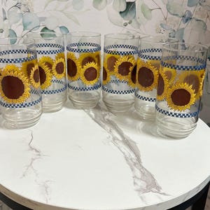 Vintage Sunflower Blue Checks Checkered Tumbler Drinking Glasses Libbey Anchor Hocking Set of 6 Cups