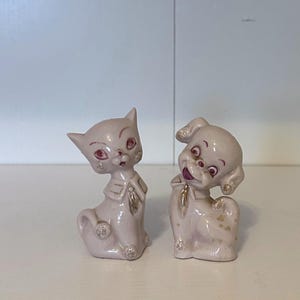 Pale Pink Cat and Dog Salt and Pepper Shakers Statue Pair Made in Japan Collectible Knick Knacks