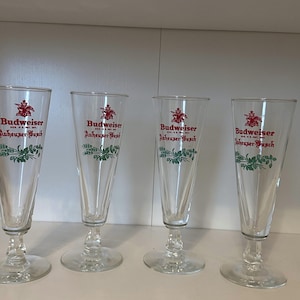 RARE Collectible 1960s Vintage Budweiser Anheuser-Busch Footed Pilsner Beer Glasses - Set of 4 - A & Eagle logo, hops, malts, and greenery