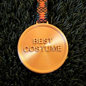 May include: A bronze-colored medal with the words "BEST COSTUME" embossed on its face. The medal hangs from a patterned orange, green, and black ribbon. The background is a textured green surface.
