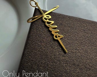 14k Gold Jesus Name Halskette - Kreuz Anhänger, christlicher Schmuck, religiöses Geschenk aus massivem Gold, personalisierte spirituelle Halskette, Geschenk für sie