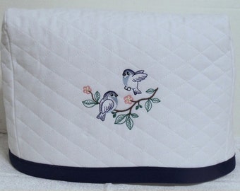 Embroidered Blue Birds Toaster Cover - White Quilted Fabric