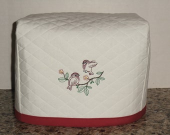 Embroidered Bird Toaster Cover - Cream Quilted Fabric, Red Trim